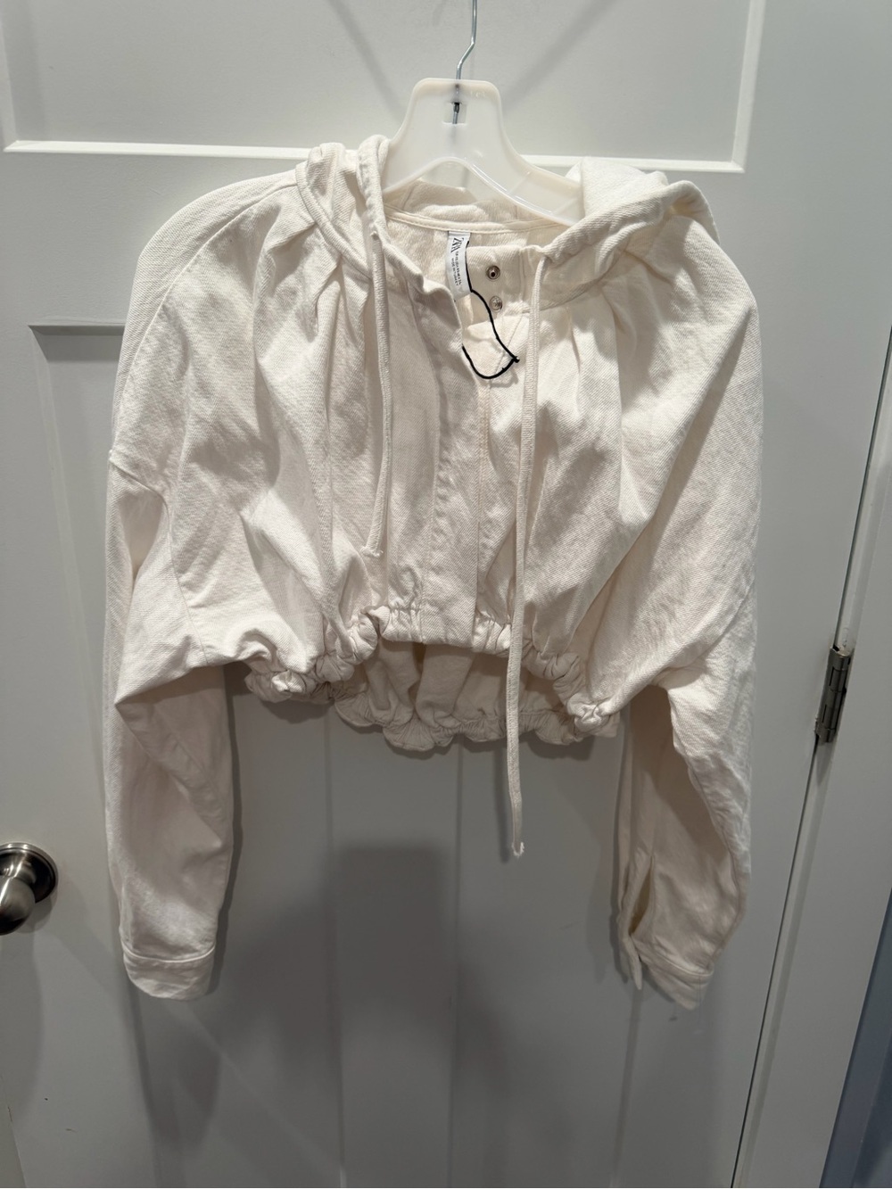 Zara XS White Cropped Hooded Jacket Oversized Balloon Sleeve Snap Front